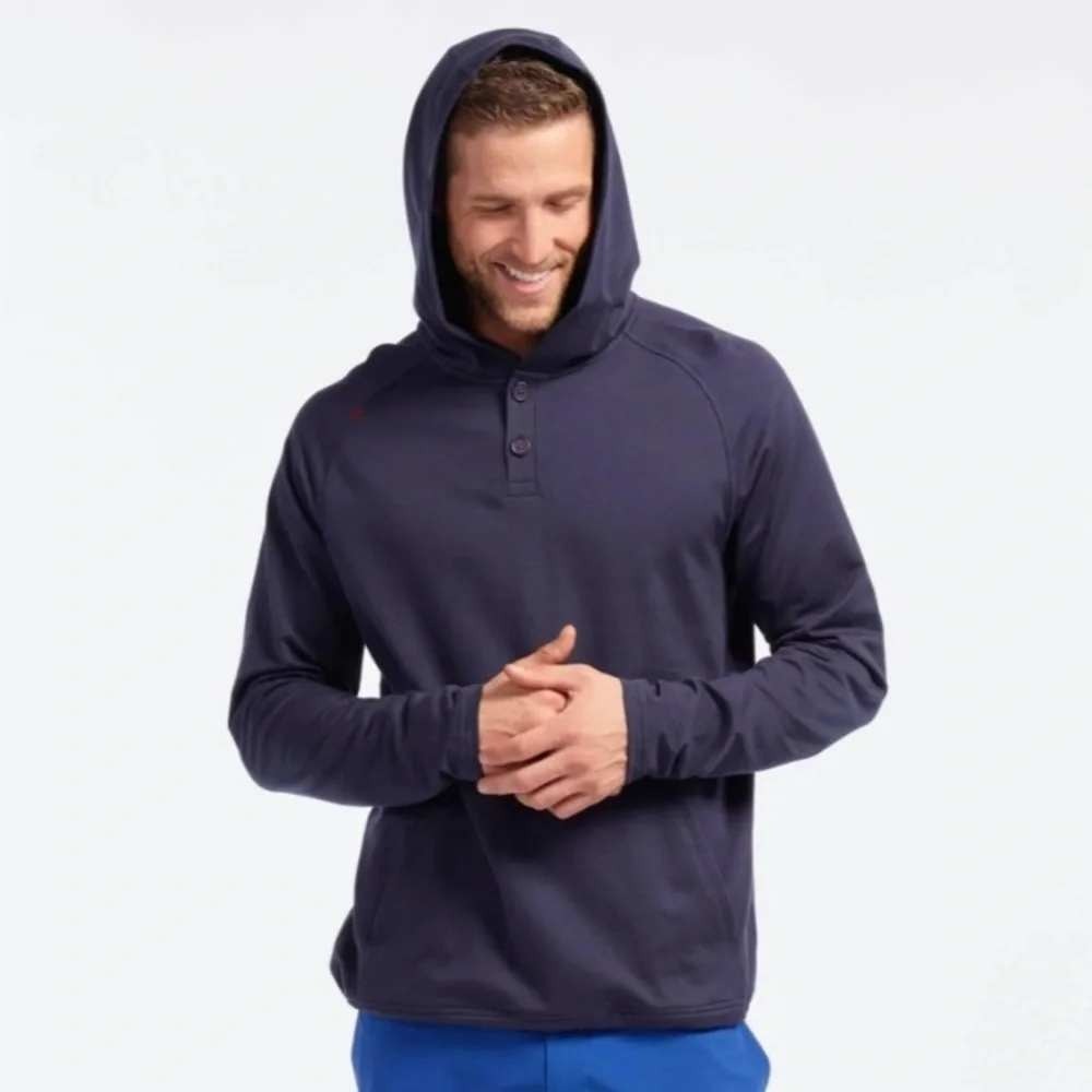 Rhone Bolinas Henley Hoodie Mens Large Navy Blue Long Sleeve Kangaroo Pocket L